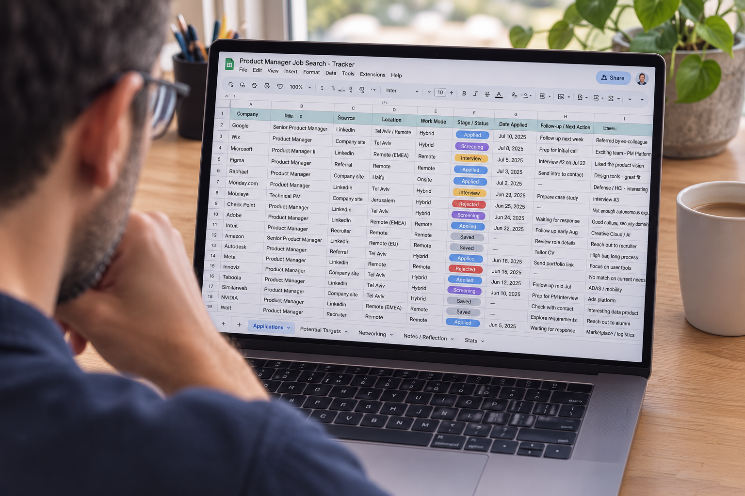 A person managing a sprawling job search spreadsheet — the starting point most people know